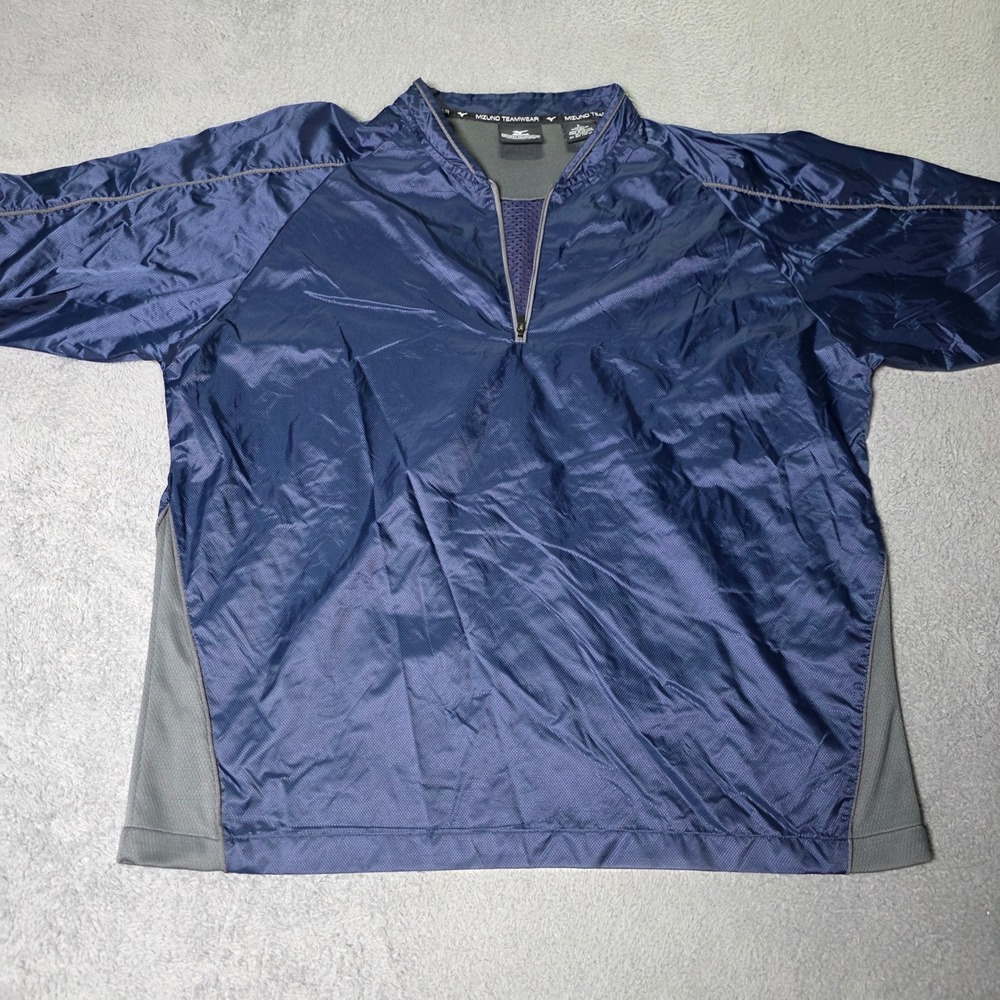 Mizuno Mens L Windbreaker Short Sleeve Navy Blue Ripstop 1/4 Zip Pullover